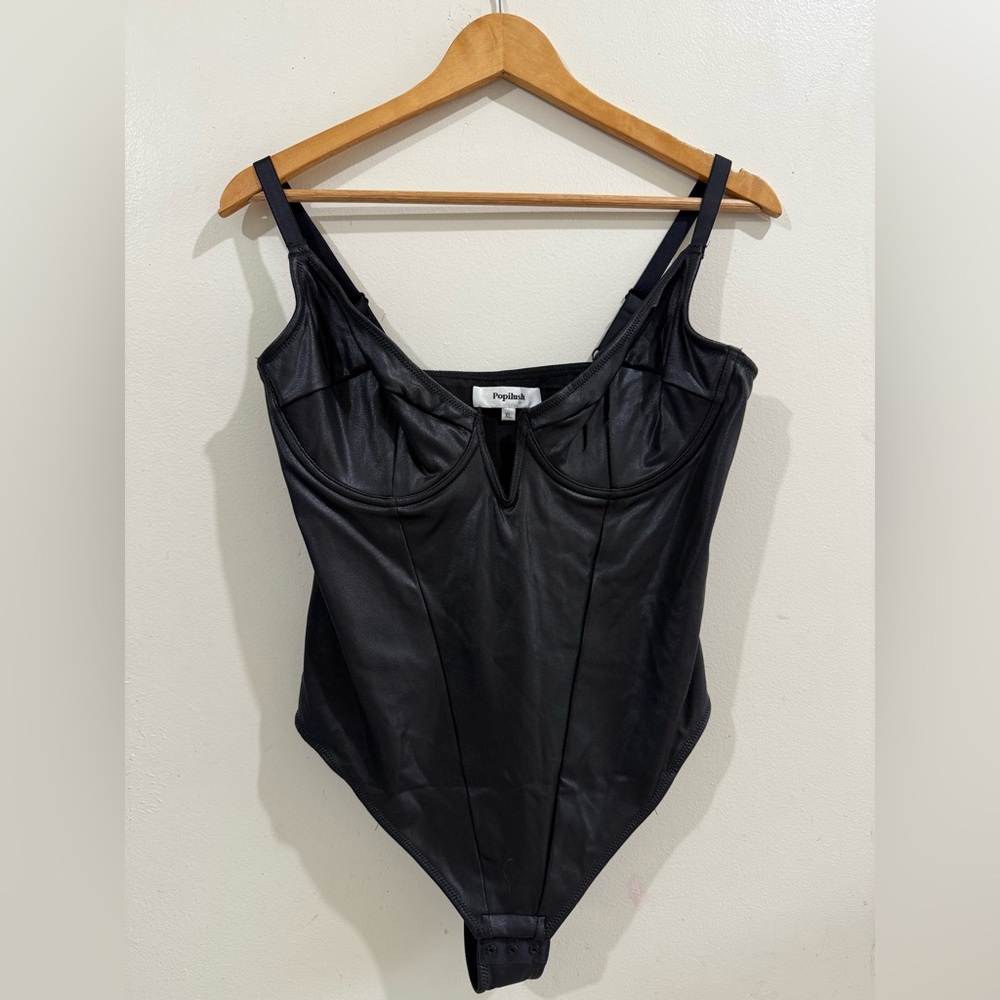 Profound Aesthetic Black Faux Leather Bustier Bodysuit with Adjustable Straps